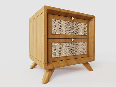 Stylish Wooden Nightstand With Two Drawers Rattan Panels And Wooden Legs 3d model