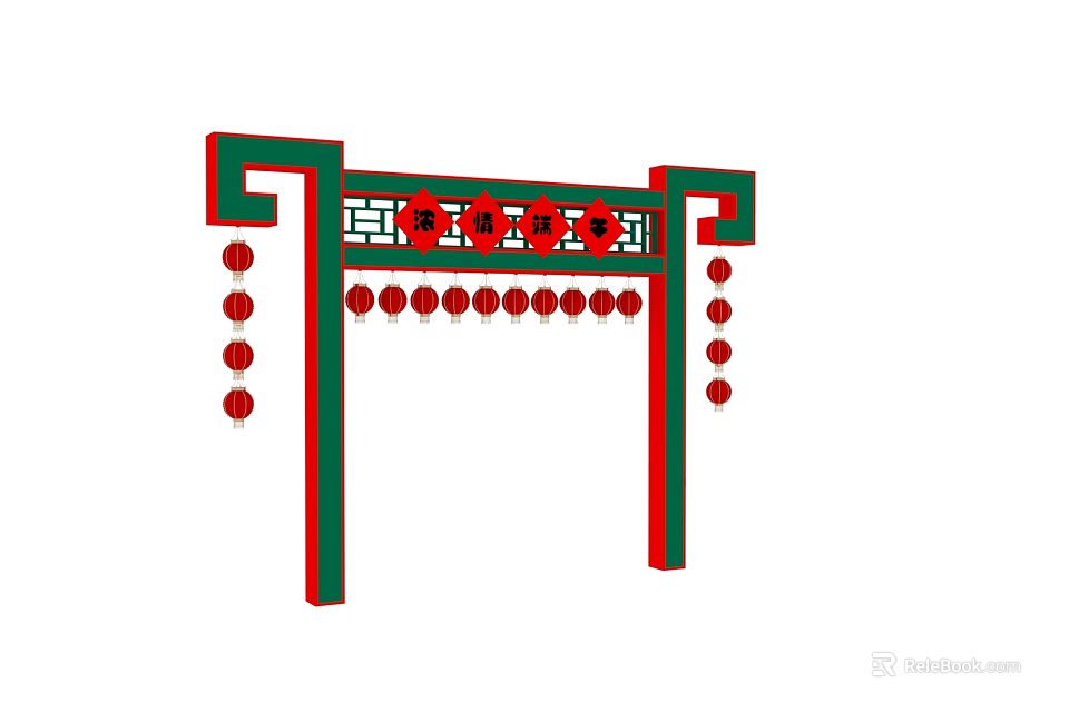 Green And Red Traditional Chinese Archway With Hanging Red Lanterns And Ornamental Decorations 3d model 