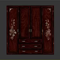 Elegant Dark Red Wooden Wardrobe With Carved Floral Patterns And Drawers
