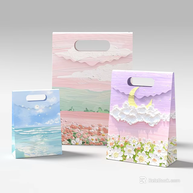 Colorful Decorative Paper Gift Bags With Ocean Moon Clouds And Flower Designs 3d model 