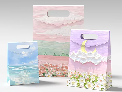 Colorful Decorative Paper Gift Bags With Ocean Moon Clouds And Flower Designs 3d model