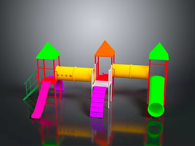 Colorful Kids Playground Building Structure With Green Orange Yellow Slides Towers Pipes 3d model
