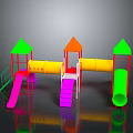 Colorful Kids Playground Building Structure With Green Orange Yellow Slides Towers Pipes