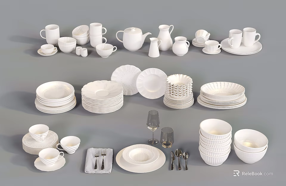 White Dinnerware Set Featuring Cups Plates Bowls Teapots Glasses And Utensils 3d model 