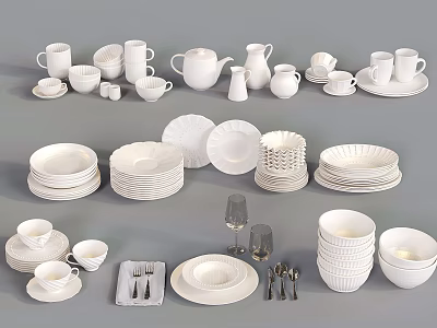 White Dinnerware Set Featuring Cups Plates Bowls Teapots Glasses And Utensils 3d model