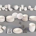 White Dinnerware Set Featuring Cups Plates Bowls Teapots Glasses And Utensils