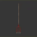 Red Garden Fork With Wooden Handle And Three Tines For Plant Care