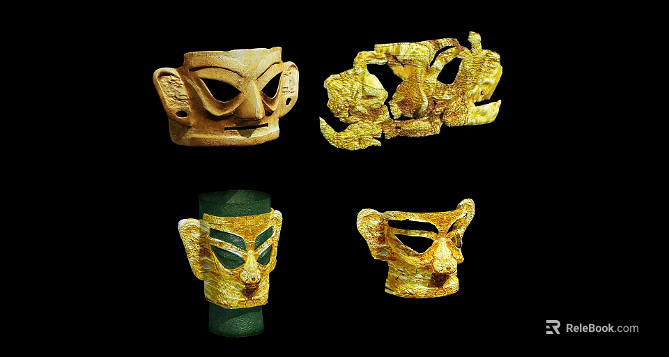 Ancient Cultural Masks Featuring Golden And Stone Carved Head Designs 3d model 