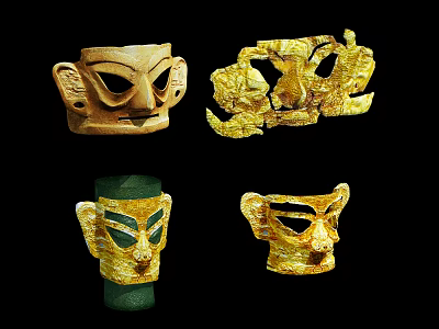 Ancient Cultural Masks Featuring Golden And Stone Carved Head Designs 3d model