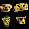 Ancient Cultural Masks Featuring Golden And Stone Carved Head Designs