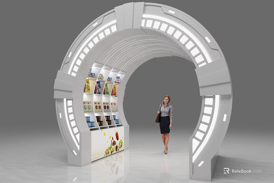 Curved Illuminated Display Shelves With Various Products And Customer Walking By 3d model 