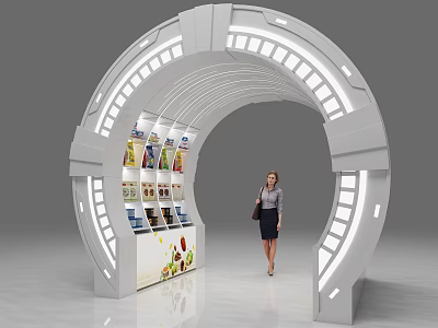 Curved Illuminated Display Shelves With Various Products And Customer Walking By 3d model