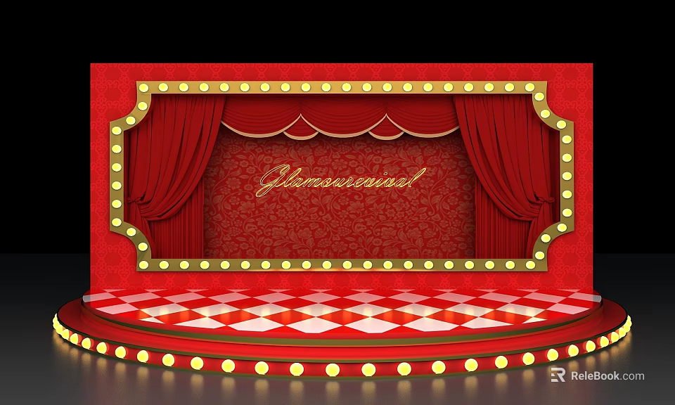 Glamorous Red Stage Design With Red Curtains Checkered Floor And Light Bulbs 3d model 