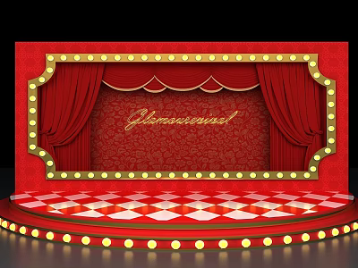Glamorous Red Stage Design With Red Curtains Checkered Floor And Light Bulbs 3d model