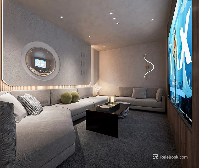 Modern Home Theater Room Interior With L shaped Sofa Large Screen TV And Ambient Lighting 3d model 