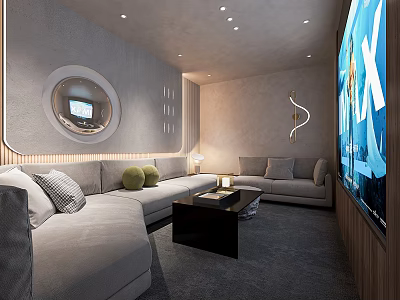 Modern Home Theater Room Interior With L shaped Sofa Large Screen TV And Ambient Lighting 3d model