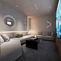 Modern Home Theater Room Interior With L shaped Sofa Large Screen TV And Ambient Lighting