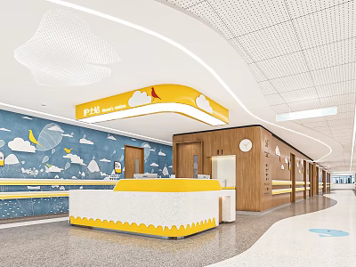 Pediatric Clinic Interior Design With Cloud Moon Decorations And Colorful Reception Desk 3d model