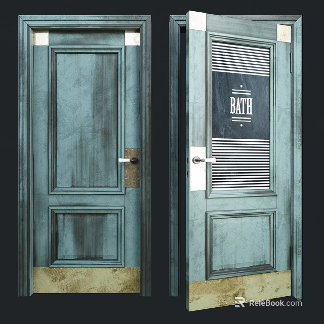 Teal Wooden Swing Doors With Bath Sign And Louvered Panels Design 3d model 