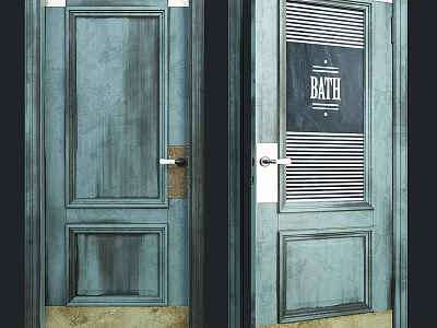 Teal Wooden Swing Doors With Bath Sign And Louvered Panels Design 3d model