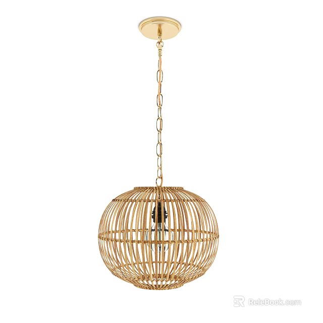 Bamboo Woven Round Lantern Hanging with Gold Chain Decoration Design 3d model 