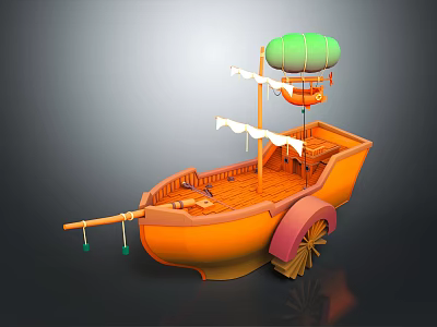 Wooden Boat with Orange Hull White Awning Green Hot Air Balloon and Wooden Wheels 3d model