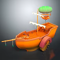 Wooden Boat with Orange Hull White Awning Green Hot Air Balloon and Wooden Wheels