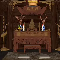 Traditional Buddhist Shrine Interior with Wooden Carvings Hanging Lantern and Prayer Mats for Religious Worship