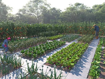 Rural Vegetable Garden Landscape With Farmers Working In Organized Green Vegetable Beds And Lush Trees 3d model