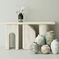 Textured Ceramic Vessels On Minimalist Console Table With Dried Flowers Decor 3d model
