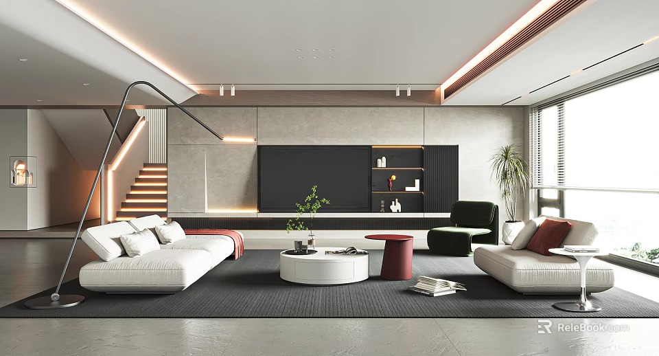 Modern Living Room Interior With White Sofas Black TV Wall And Round Coffee Table 3d model 