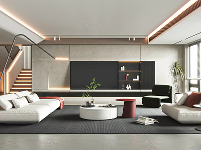 Modern Living Room Interior With White Sofas Black TV Wall And Round Coffee Table 3d model