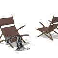 Two Brown Wooden Frame Lounge Chairs With Black And White Checkered Blanket On Gray Background
