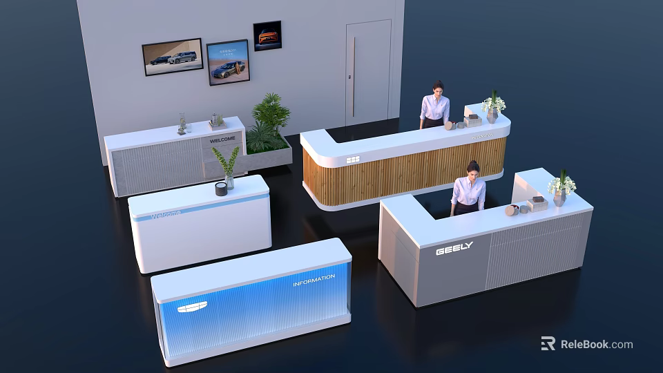 Modern Reception Desks with GEELY Branding Staff Standing Potted Plants and Car Posters 3d model 