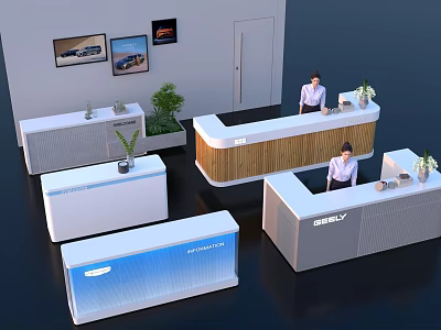 Modern Reception Desks with GEELY Branding Staff Standing Potted Plants and Car Posters 3d model