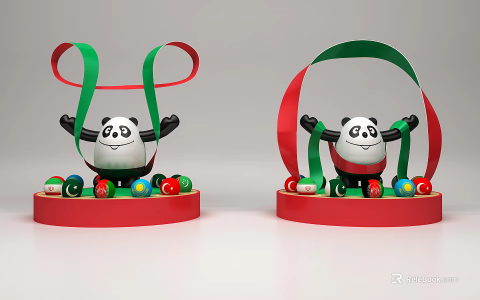 Panda Figurines With Raised Arms On Red Circular Base And Colorful Balls Green Red Ribbons 3d model 