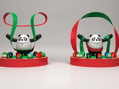 Panda Figurines With Raised Arms On Red Circular Base And Colorful Balls Green Red Ribbons 3d model