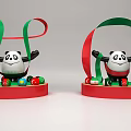 Panda Figurines With Raised Arms On Red Circular Base And Colorful Balls Green Red Ribbons