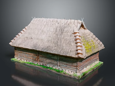 Traditional Rustic Wooden House With Straw Thatched Roof And Log Walls 3d model
