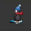 Cartoon Penguin Wearing Blue Hat And Red Scarf Snowboarding On Blue Snowboard With Snow Splashes