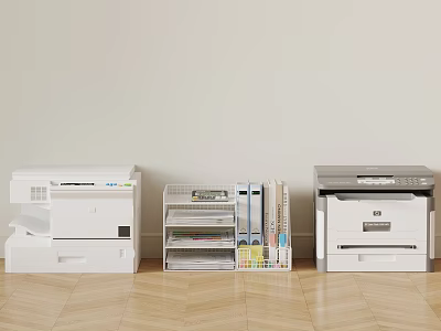 Office Equipment Arrangement Featuring Two Printers And Shelf Unit With Folders And Supplies 3d model