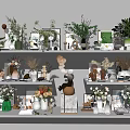 Decorative Ornament Set with Green Plants Vases Frames and Sculptures on Display Shelves