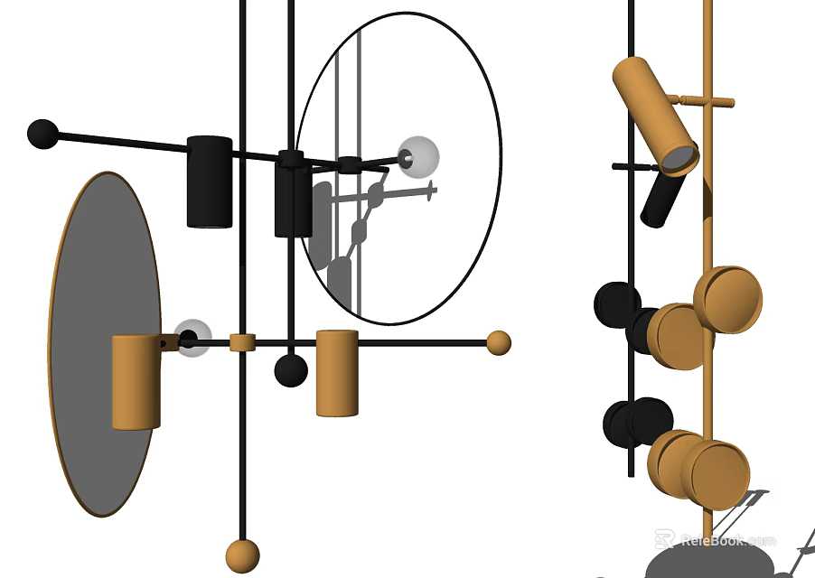 Modern Chandelier Design With Black And Gold Geometric Elements Circular Balls And Cylindrical Tubes 3d model 