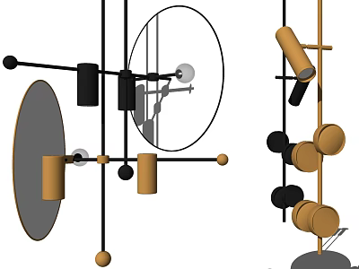Modern Chandelier Design With Black And Gold Geometric Elements Circular Balls And Cylindrical Tubes 3d model