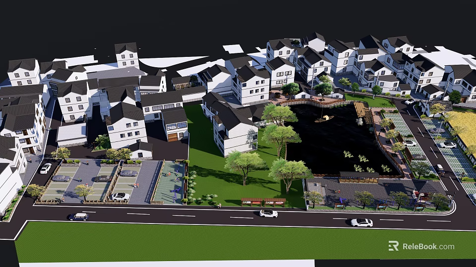 Residential Garden Landscape With White Buildings Green Lawns Trees And Pond 3d model 