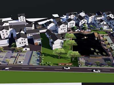 Residential Garden Landscape With White Buildings Green Lawns Trees And Pond 3d model