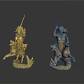Woman Statues In Golden Finish Riding Mythical Creatures With Fish Tails And Spears