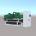 Industrial Equipment With Green Machinery Yellow Pipes And White Control Cabinet