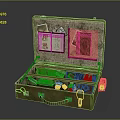 Open Vintage Green Suitcase Filled With Daily Necessities Small Boxes Bottles And
