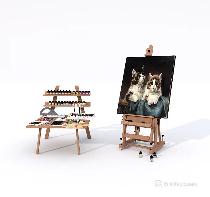 Art Supplies Easel With Painting Of Two Cats Brushes And Paints Stand 3d model 